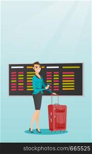 Young caucasian airplane passenger waiting for a flight at the airport and holding passport. Happy woman standing at airport with suitcase and passport. Vector cartoon illustration. Vertical layout.. Caucasian airplane passenger holding passport.