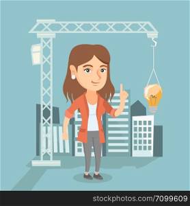 Young caucasian architect pointing at idea lightbulb hanging on the crane. Architect having an idea in town planning. Concept of new ideas in architecture. Vector cartoon illustration. Square layout.. Architect pointing at light bulb hanging on crane.