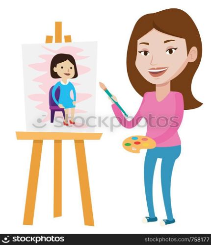 Young caucasian artist painting a female model on canvas. Creative female artist drawing on an easel. Cheerful artist working on painting. Vector flat design illustration isolated on white background.. Creative female artist painting portrait.