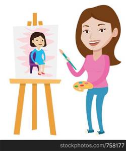 Young caucasian artist painting a female model on canvas. Creative female artist drawing on an easel. Cheerful artist working on painting. Vector flat design illustration isolated on white background.. Creative female artist painting portrait.