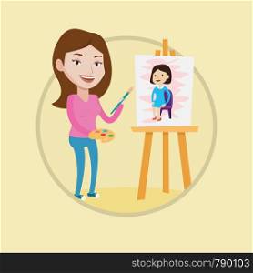Young caucasian artist painting female model on canvas. Artist drawing painting on an easel. Woman working in workshop of artist. Vector flat design illustration in the circle isolated on background.. Creative female artist painting portrait.