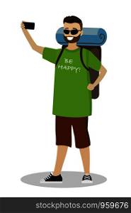 Young caucasian backpacker makes a selfie,male with backpack,isolated on white background,cartoon vector illustration. Young caucasian backpacker makes a selfie