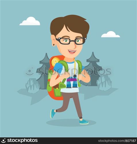 Young caucasian backpacker with a backpack and binoculars walking outdoor. Cheerful backpacker hiking in the forest during summer trip. Vector cartoon illustration. Square layout.. Young caucasian woman with a backpack hiking.