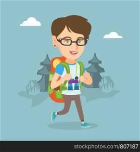 Young caucasian backpacker with a backpack and binoculars walking outdoor. Cheerful backpacker hiking in the forest during summer trip. Vector cartoon illustration. Square layout.. Young caucasian woman with a backpack hiking.