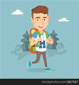 Young caucasian backpacker with backpack and binoculars walking outdoor. Cheerful backpacker hiking in the forest during summer trip. Vector flat design illustration. Square layout.. Man with backpack hiking vector illustration.