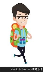 Young caucasian backpacker with backpack and binoculars walking outdoor. Cheerful backpacker running. Backpacker during summer trip. Vector flat design illustration isolated on white background.. Man with backpack hiking vector illustration.