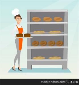 Young caucasian baker holding a tray with bread in a bakery. Confident female baker standing near the bread rack. Smiling baker holding a baking tray. Vector flat design illustration. Square layout.. Happy young baker holding a tray with bread.