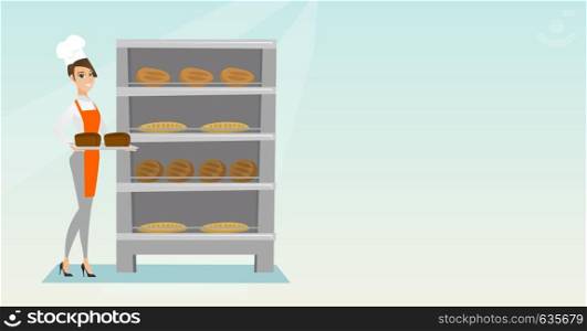 Young caucasian baker holding a tray with bread in a bakery. Confident baker standing near the bread rack. Smiling baker holding a baking tray. Vector flat design illustration. Horizontal layout.. Happy young baker holding a tray with bread.