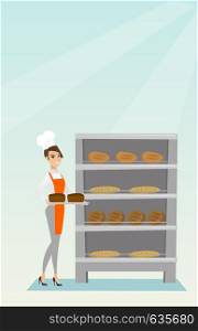 Young caucasian baker holding a tray with bread in a bakery. Confident female baker standing near the bread rack. Smiling baker holding a baking tray. Vector flat design illustration. Vertical layout.. Happy young baker holding a tray with bread.