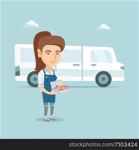 Young caucasian baker standing on the background of delivery truck. Female baker holding box with cupcakes. Smiling baker delivering cakes. Vector cartoon illustration. Square layout.. Young caucasian baker delivering cakes.
