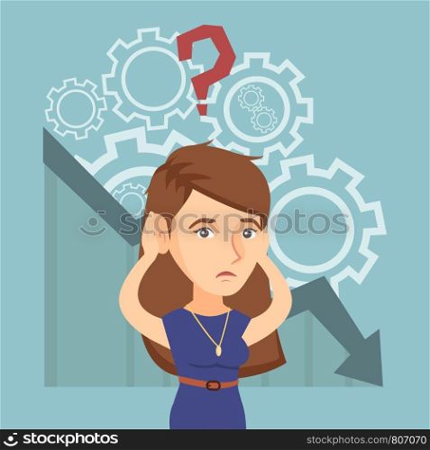 Young caucasian bankrupt woman clutching head on the background of chart going down. Bankrupt woman with question above head. Concept of business bankruptcy. Vector cartoon illustration. Square layout. Young caucasian bankrupt woman clutching her head.