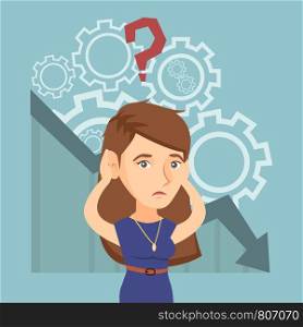 Young caucasian bankrupt woman clutching head on the background of chart going down. Bankrupt woman with question above head. Concept of business bankruptcy. Vector cartoon illustration. Square layout. Young caucasian bankrupt woman clutching her head.