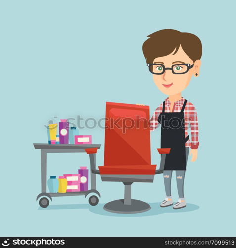 Young caucasian barber standing near armchair and table with cosmetics in barber shop. Professional female barber standing at workplace in barber shop. Vector cartoon illustration. Square layout.. Hairdresser at workplace in barber shop.