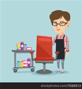 Young caucasian barber standing near armchair and table with cosmetics in barber shop. Professional female barber standing at workplace in barber shop. Vector cartoon illustration. Square layout.. Hairdresser at workplace in barber shop.