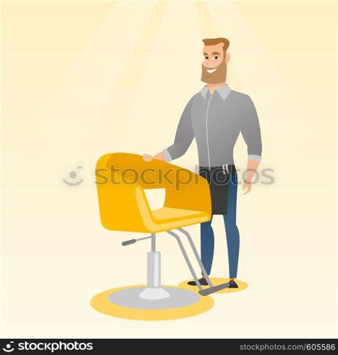 Young caucasian barber standing near armchair. Full length of professional hipster barber with beard standing at workplace. Friendly barber at work. Vector flat design illustration. Square layout.. Hairdresser at workplace in barber shop.