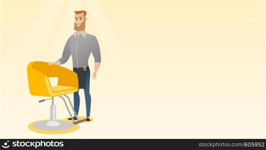 Young caucasian barber standing near armchair. Full length of professional hipster barber with beard standing at workplace. Friendly barber at work. Vector flat design illustration. Horizontal layout.. Hairdresser at workplace in barber shop.