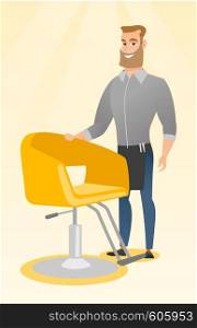 Young caucasian barber standing near armchair. Full length of professional hipster barber with beard standing at workplace. Friendly barber at work. Vector flat design illustration. Vertical layout.. Hairdresser at workplace in barber shop.