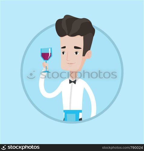 Young caucasian bartender holding a glass of red wine in hand. Bartender at work. Smiling bartender examining red wine in glass. Vector flat design illustration in the circle isolated on background.. Bartender holding a glass of wine in hand.
