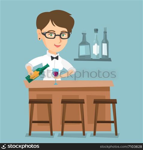 Young caucasian bartender standing at the bar counter and pouring wine in a glass. Cheerful female bartender holding a bottle of wine in hands. Vector cartoon illustration. Square layout.. Caucasian bartender standing at the bar counter.