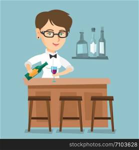 Young caucasian bartender standing at the bar counter and pouring wine in a glass. Cheerful female bartender holding a bottle of wine in hands. Vector cartoon illustration. Square layout.. Caucasian bartender standing at the bar counter.