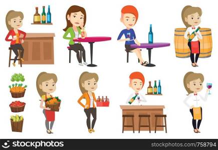 Young caucasian bartender standing at the bar counter. Bartender with bottle and glass in hands. Bartender pouring wine in a glass. Set of vector flat design illustrations isolated on white background. Vector set of people eating and drinking.