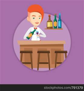 Young caucasian bartender standing at the bar counter. Bartender with bottle and glass in hands. Bartender pouring wine in a glass. Vector flat design illustration in the circle isolated on background. Bartender standing at the bar counter.
