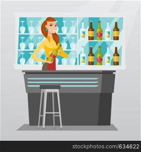 Young caucasian bartender standing at the bar counter with a bottle of alcoholic drink. Cheerful bartender holding a bottle of alcoholic drink in hands. Vector flat design illustration. Square layout.. Bartender standing at the bar counter.