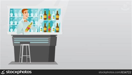 Young caucasian bartender standing at the bar counter with a bottle of alcoholic drink. Bartender holding a bottle of alcoholic drink in hands. Vector flat design illustration. Horizontal layout.. Bartender standing at the bar counter.