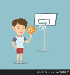 Young caucasian basketball player spinning a ball on her finger. Professional basketball player standing on the basketball court with a ball. Vector cartoon illustration. Square layout.. Young caucasian basketball player spinning a ball.
