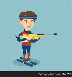 Young caucasian biathlon runner holding a weapon and aiming at the target. Sportswoman taking part in ski biathlon competition. Winter sport concept. Vector cartoon illustration. Square layout.. Young caucasian biathlon runner aiming at target.