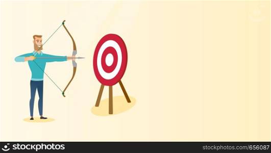Young caucasian bowman aiming with a bow and arrow at the target. Concentrated hipster bowman with beard shooting arrow during archery competition. Vector flat design illustration. Horizontal layout.. Bowman aiming with a bow and arrow at the target.