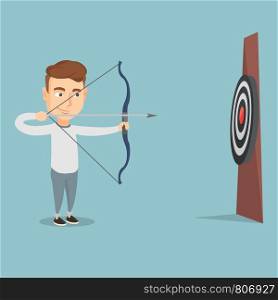 Young caucasian bowman aiming with a bow and arrow at the target. Concentrated bowman shooting an arrow during an archery competition. Vector flat design illustration. Square layout.. Bowman aiming with a bow and arrow at the target.