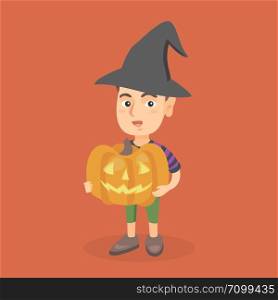 Young caucasian boy in a black witch hat holding a carved pumpkin for Halloween in hands. Full length of a smiling boy with a big yellow Halloween pumpkin. Vector cartoon illustration. Square layout.. Young boy holding a carved pumpkin for Halloween.