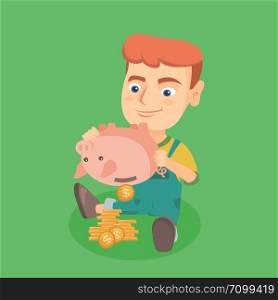 Young caucasian boy shaking money out of a piggy bank. Little happy boy emptying a piggy bank. Smiling boy kid getting money from the piggy bank. Vector cartoon illustration. Square layout.. Caucasian boy shaking money out of a piggy bank.