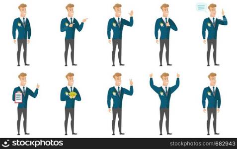 Young caucasian bridegroom giving thumb up. Full length of smiling bridegroom with thumb up. Cheerful bridegroom showing thumb up. Set of vector flat design illustrations isolated on white background.. Vector set of illustrations with groom character.