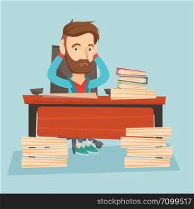 Young caucasian bsiness man in despair sitting at workplace with heaps of papers. Stressful business man sitting at the desk with stacks of papers. Vector flat design illustration. Square layout.. Despair business man working in office.