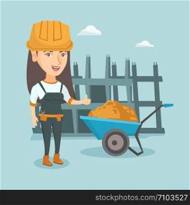 Young caucasian builder in hard hat standing on the background of construction site and giving thumb up. Happy builder standing near wheelbarrow with sand. Vector cartoon illustration. Square layout.. Young caucasian female builder giving thumb up.