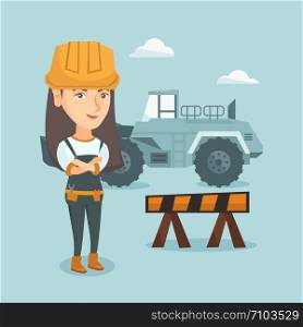 Young caucasian builder standing with crossed arms. Confident female builder in hard hat standing on the background of road barrier and excavator. Vector cartoon illustration. Square layout.. Young caucasian builder with arms crossed.