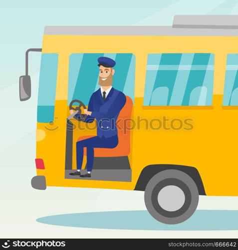Young caucasian bus driver sitting at steering wheel. Hipster bus driver with beard driving a passenger bus. Smiling bus driver sitting in the driver cab. Vector cartoon illustration. Square layout.. Caucasian bus driver sitting at steering wheel.