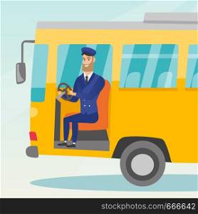 Young caucasian bus driver sitting at steering wheel. Hipster bus driver with beard driving a passenger bus. Smiling bus driver sitting in the driver cab. Vector cartoon illustration. Square layout.. Caucasian bus driver sitting at steering wheel.