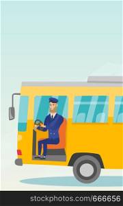 Young caucasian bus driver sitting at steering wheel. Hipster bus driver with beard driving a passenger bus. Smiling bus driver sitting in the driver cab. Vector cartoon illustration. Vertical layout.. Caucasian bus driver sitting at steering wheel.