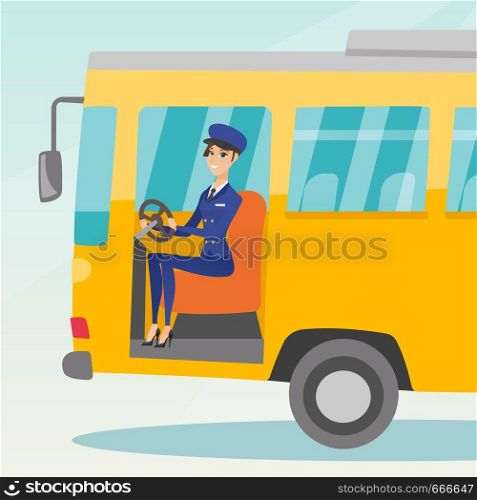 Young caucasian bus driver sitting at steering wheel. Female bus driver driving a passenger bus. Smiling bus driver sitting in the driver cab. Vector cartoon illustration. Square layout.. Caucasian bus driver sitting at steering wheel.