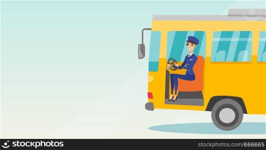 Young caucasian bus driver sitting at steering wheel. Female bus driver driving a passenger bus. Smiling bus driver sitting in the driver cab. Vector cartoon illustration. Horizontal layout.. Caucasian bus driver sitting at steering wheel.