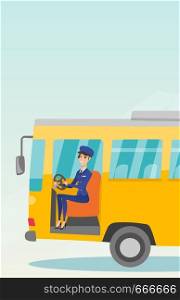 Young caucasian bus driver sitting at steering wheel. Female bus driver driving a passenger bus. Smiling bus driver sitting in the driver cab. Vector cartoon illustration. Vertical layout.. Caucasian bus driver sitting at steering wheel.