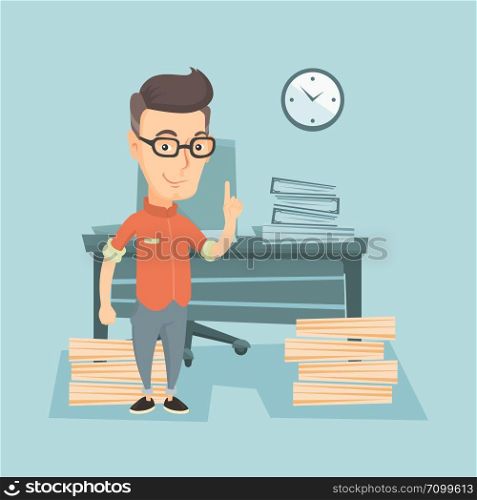 Young caucasian business man in glasses standing in office and pointing at time on clock. Business man working against time. Concept of time management. Vector flat design illustration. Square layout.. Business man pointing up with his forefinger.