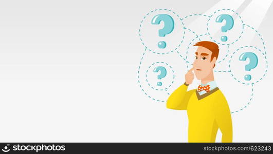 Young caucasian business man thinking. Thinking business man standing under question marks. Thinking business man surrounded by question marks. Vector flat design illustration. Horizontal layout.. Young business man thinking vector illustration.