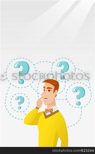 Young caucasian business man thinking. Thinking business man standing under question marks. Thinking business man surrounded by question marks. Vector flat design illustration. Vertical layout.. Young business man thinking vector illustration.