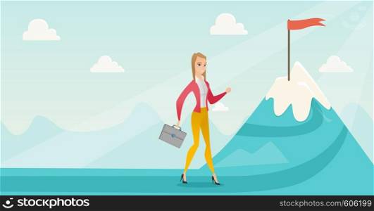 Young caucasian business woman climbing on the peak of mountain with the red flag symbolizing business motivation. Business motivation concept. Vector flat design illustration. Horizontal layout.. Businesswoman running to her business goal.