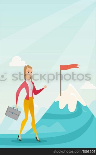 Young caucasian business woman climbing on the peak of mountain with the red flag symbolizing business motivation. Concept of business motivation. Vector flat design illustration. Vertical layout.. Businesswoman running to her business goal.