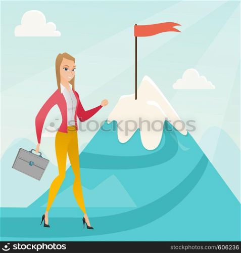 Young caucasian business woman climbing on the peak of mountain with the flag symbolizing business motivation. Business motivation concept. Vector flat design illustration. Square layout.. Businesswoman running to her business goal.
